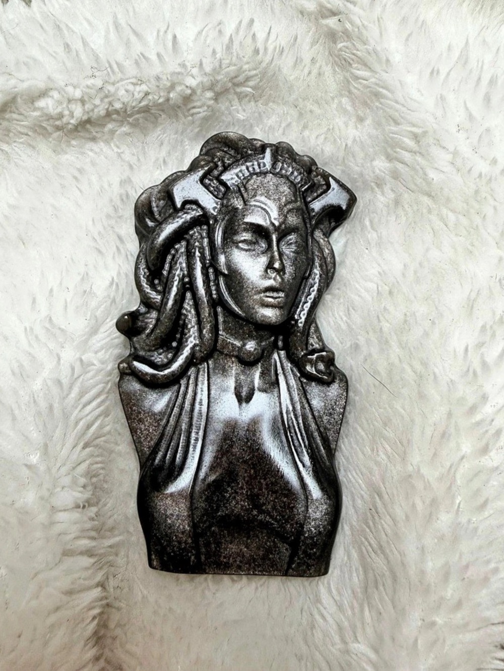 Silver Sheen Obsidian Medusa Carving Black